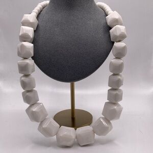 Chunky white square beaded necklace with round white beads, 22”, 3” extension